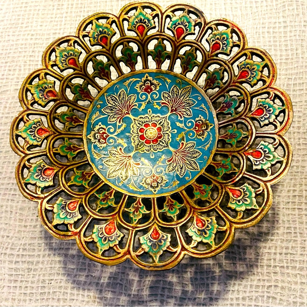 Ramnath Vintage Cloisonne Brass Vase Candy Diah Handmade in India 1970s